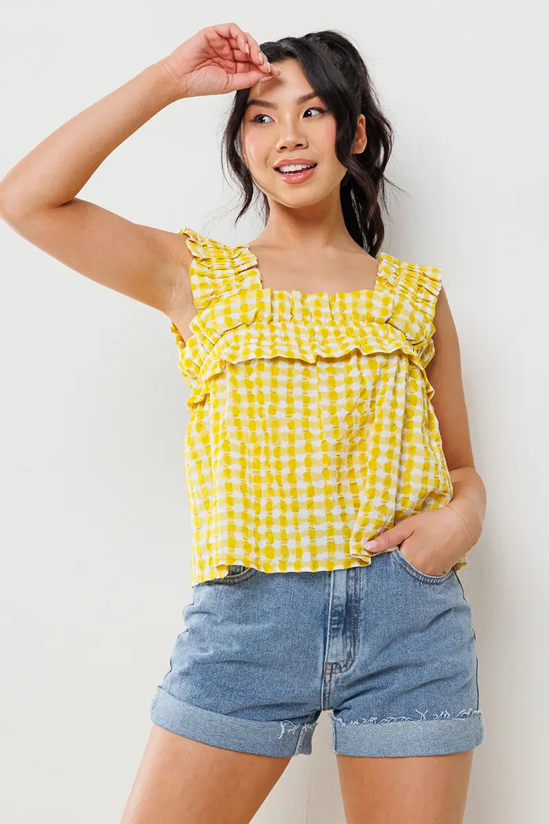 Crinkle Gingham Ruffled Top
