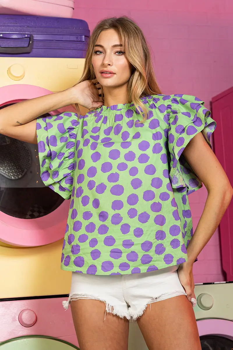 Dot Pattern Ruffle Blouse Top