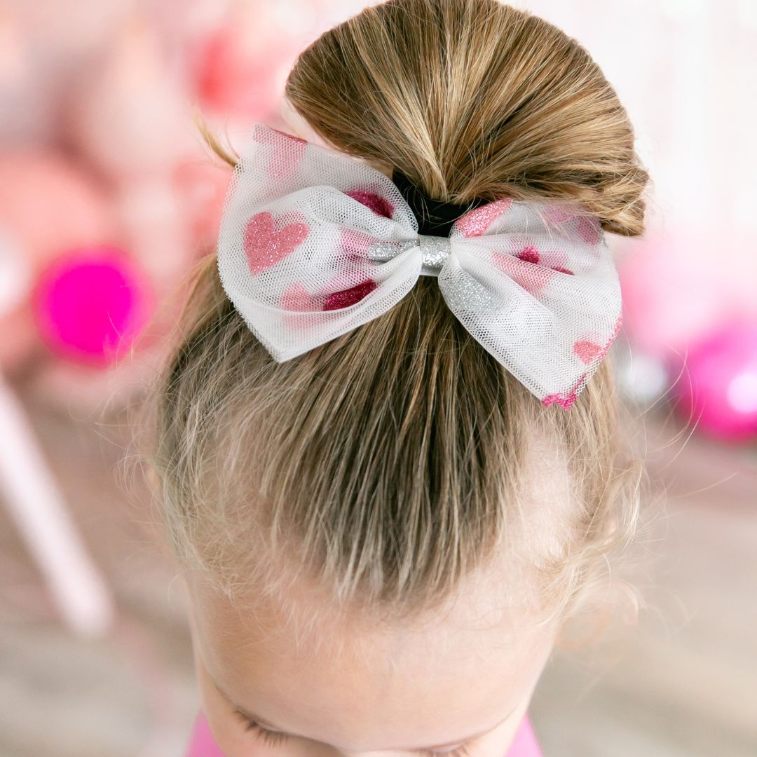 Glitter Heart Tulle Bow Clip