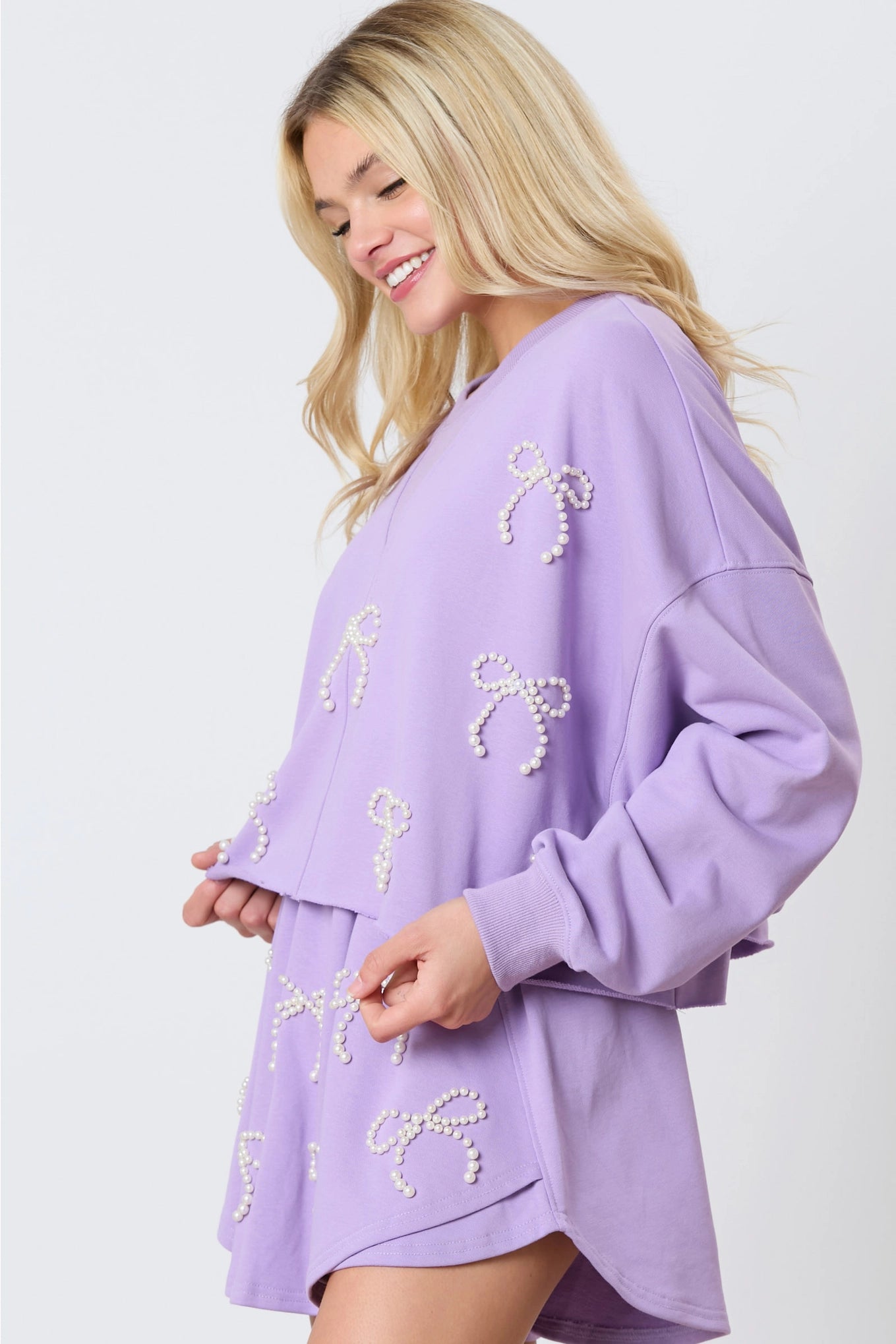 Pearl Bow Sweatshirt--Purple