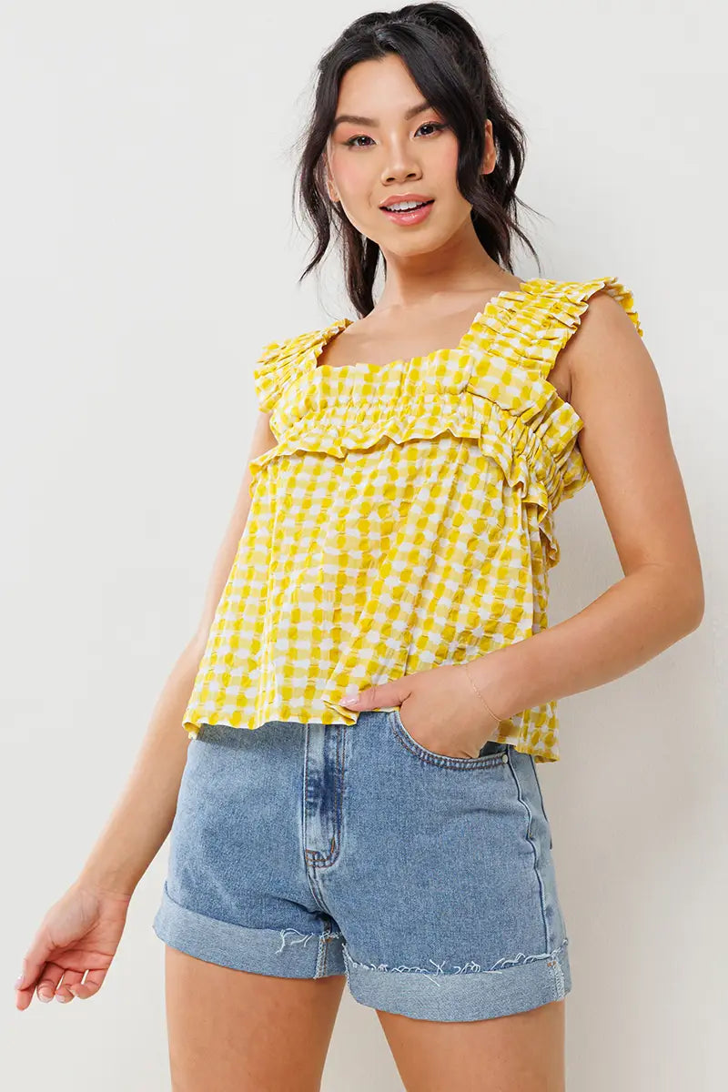 Crinkle Gingham Ruffled Top