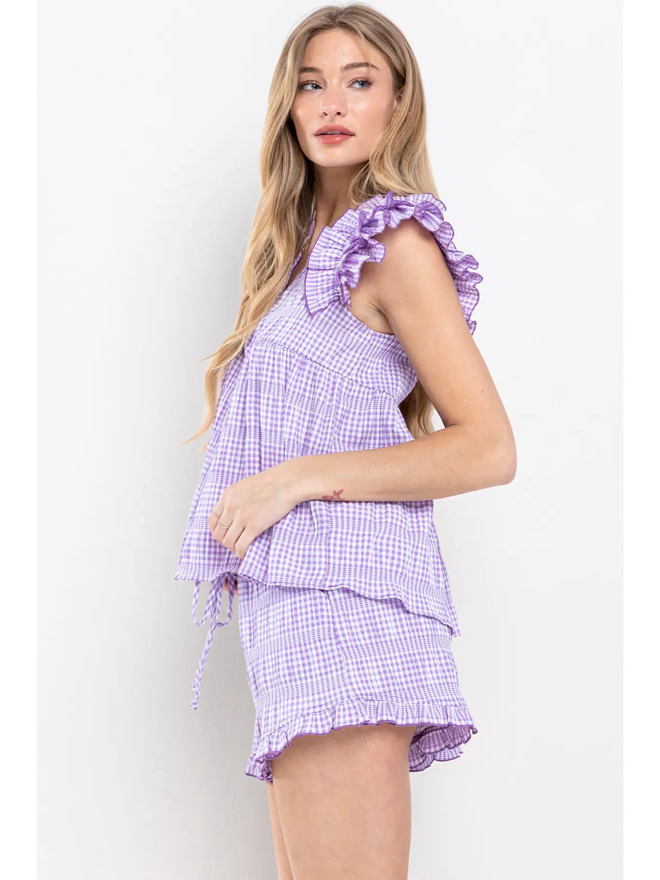 Gingham Seersucker Babydoll Ruffle Top