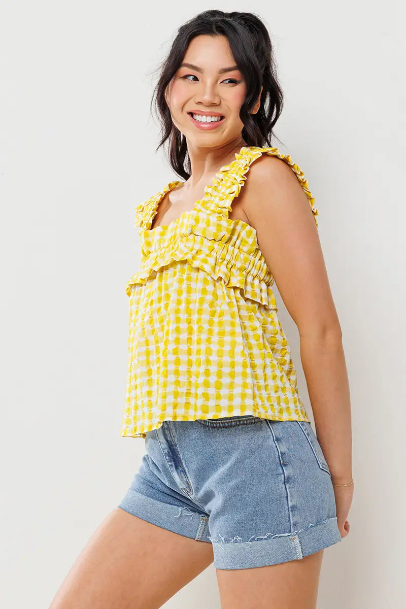 Crinkle Gingham Ruffled Top