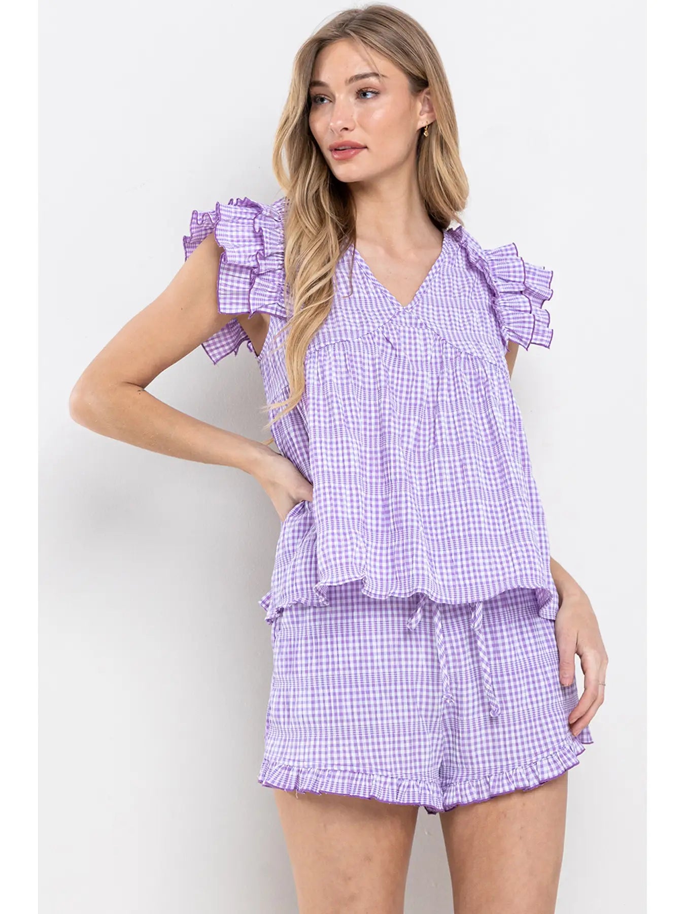 Gingham Seersucker Babydoll Ruffle Top