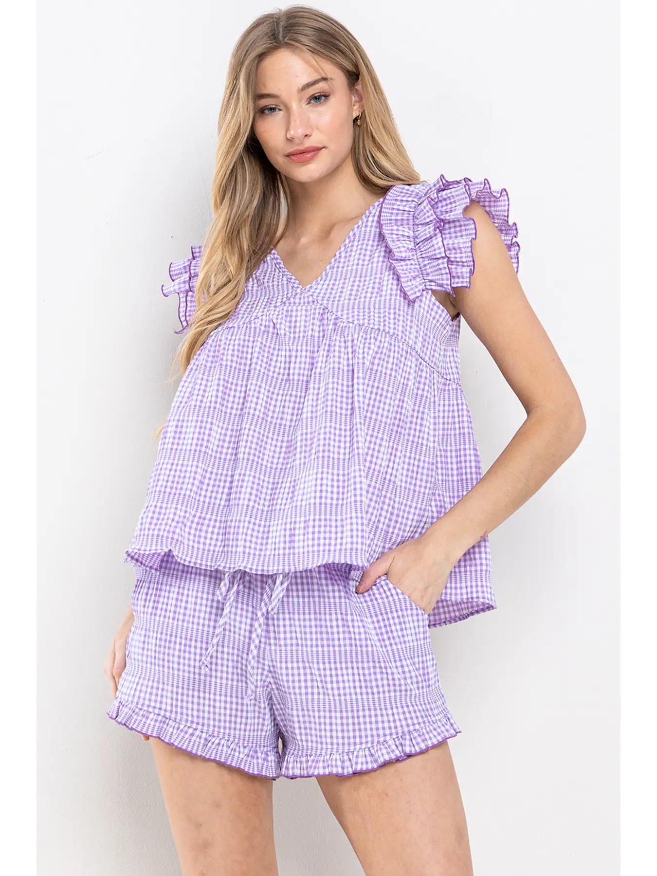 Gingham Seersucker Babydoll Ruffle Top