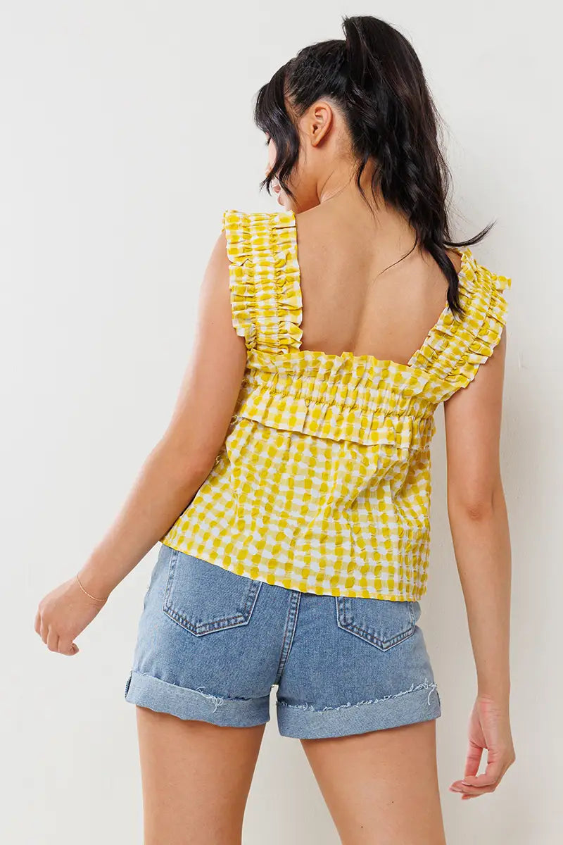 Crinkle Gingham Ruffled Top
