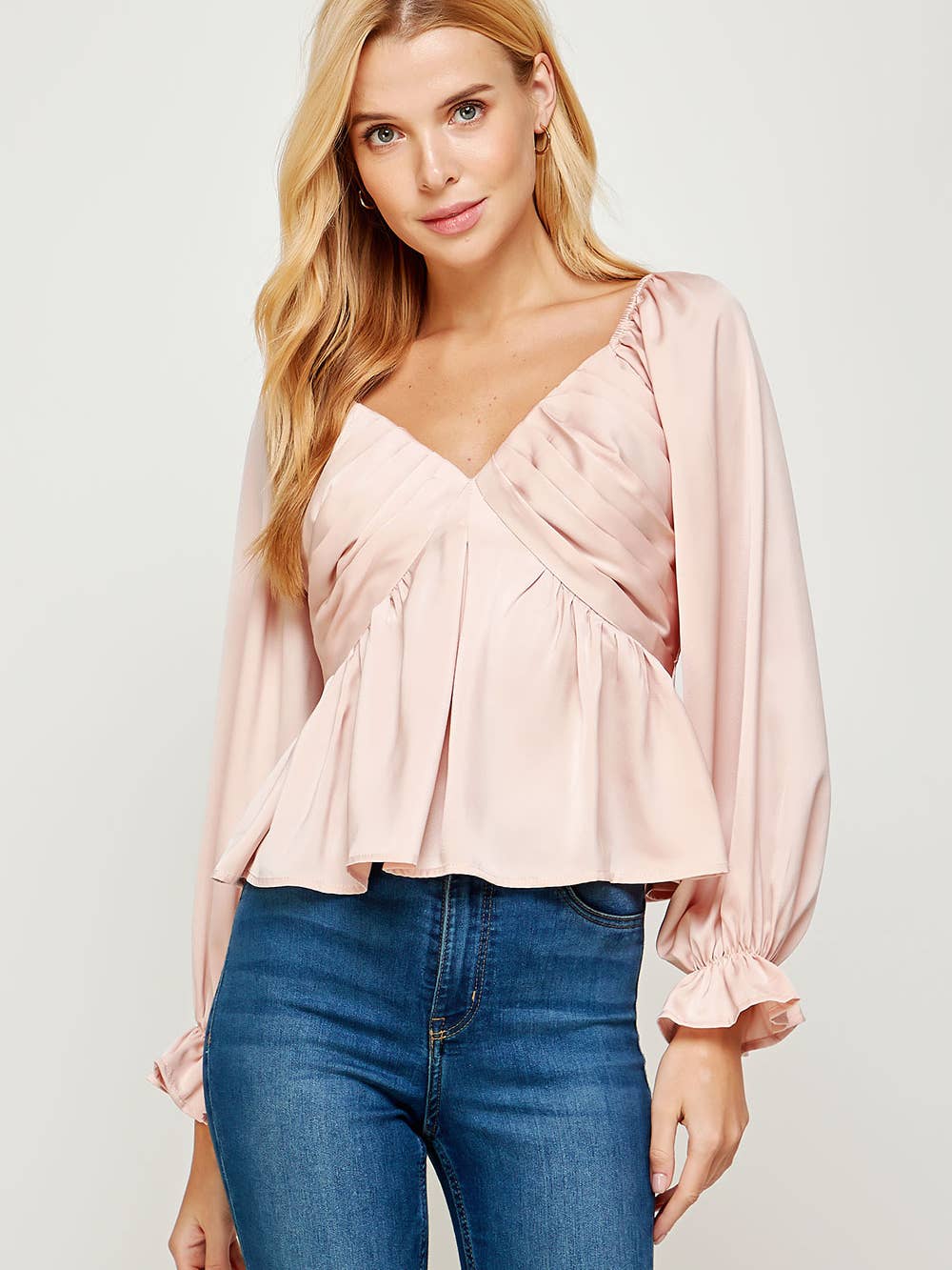 Pleated Long Sleeve Satin Top