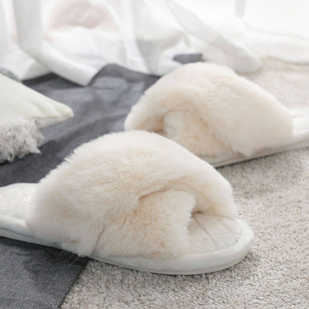 Cross Band Fluffy Slippers
