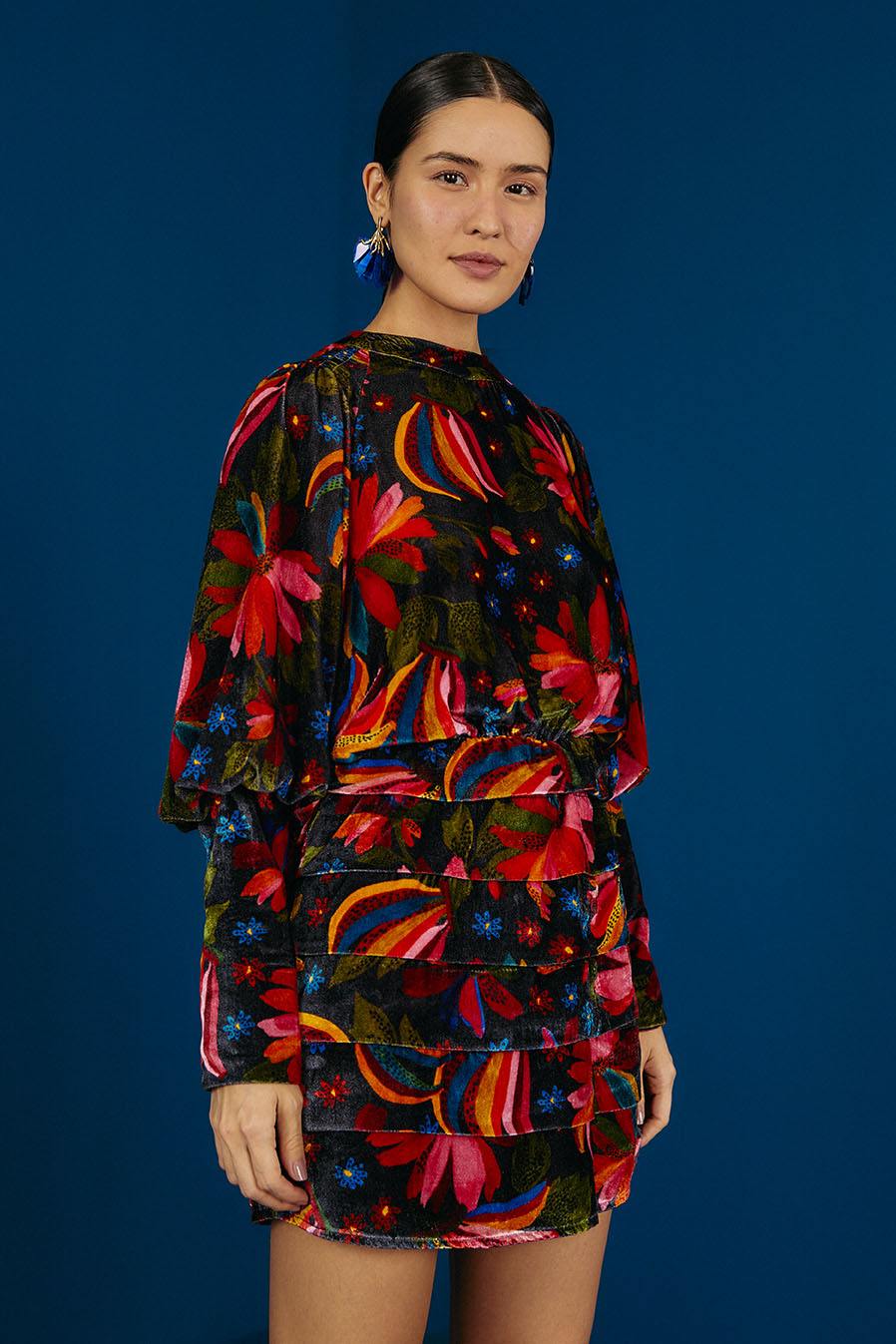 Farm Rio Black Banana Sky Velvet Dress