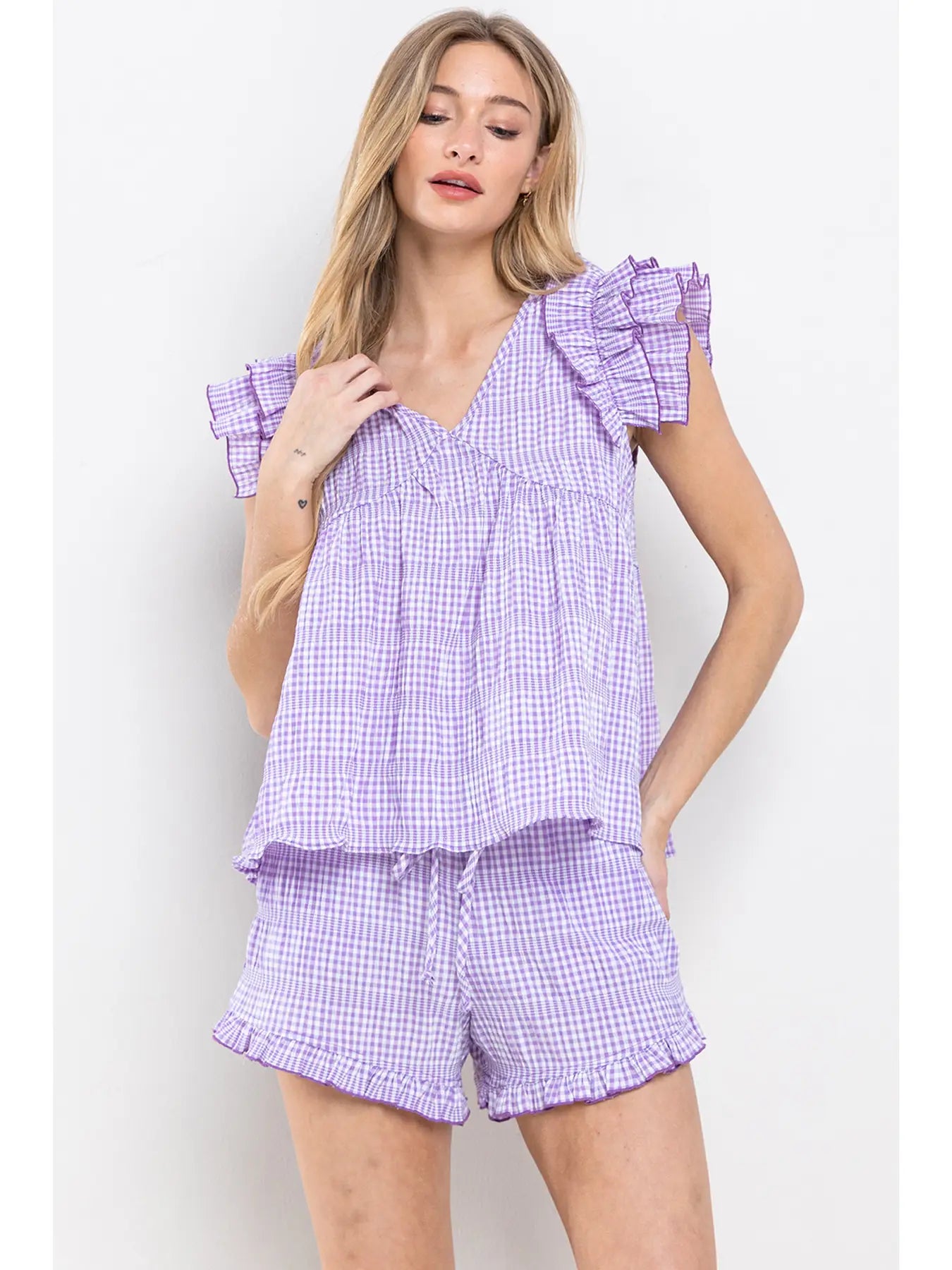 Gingham Seersucker Ruffle Shorts