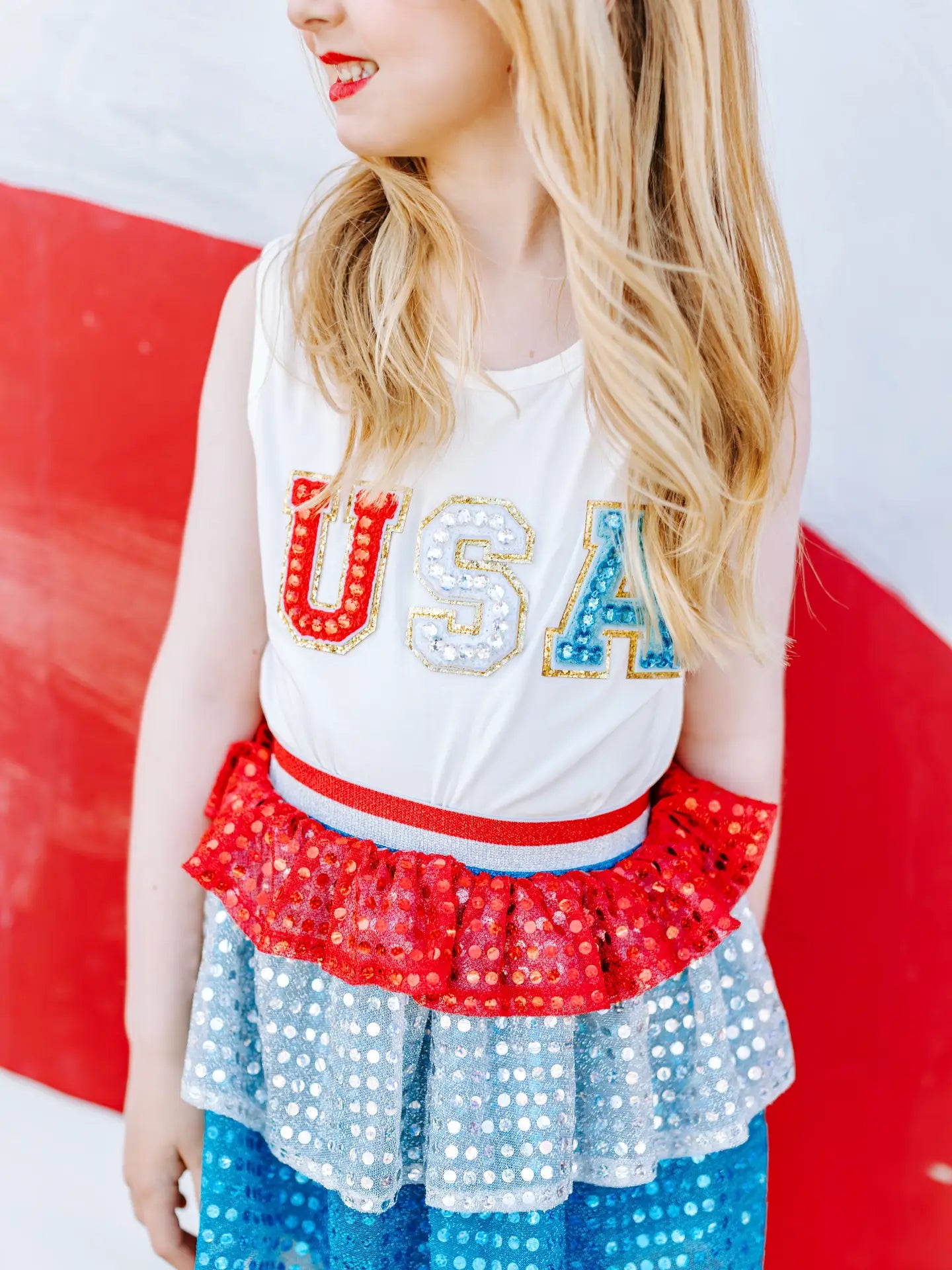 Girls USA Patched Tank & Ruffle Sequins Skirt Set