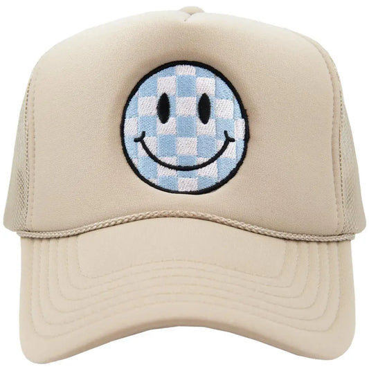 Light Blue Checkered Happy Face Hat