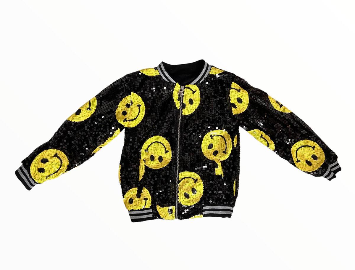 Don't Worry Be Happy Black Sequin Bomber