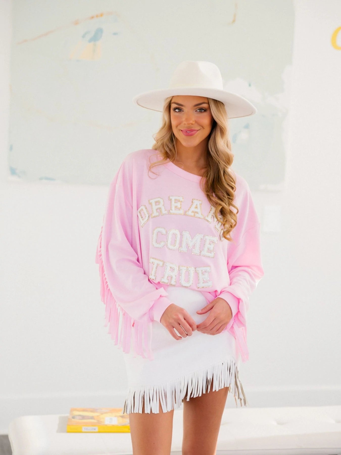 Dreams Come True Pink Fringe Sleeve Pullover