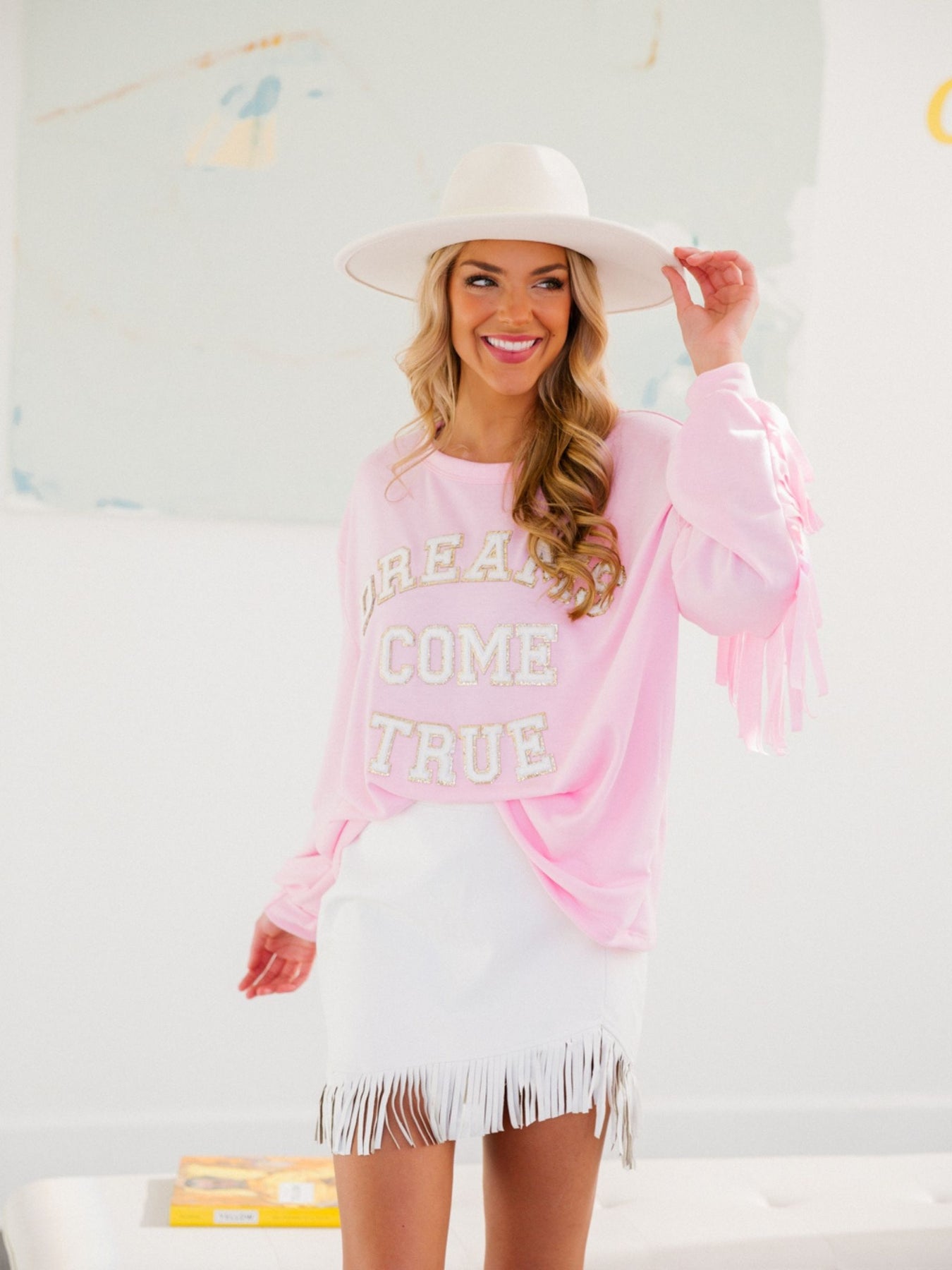 Dreams Come True Pink Fringe Sleeve Pullover