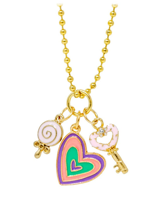 Heart, Lollipop & Key Gold Charm Necklace