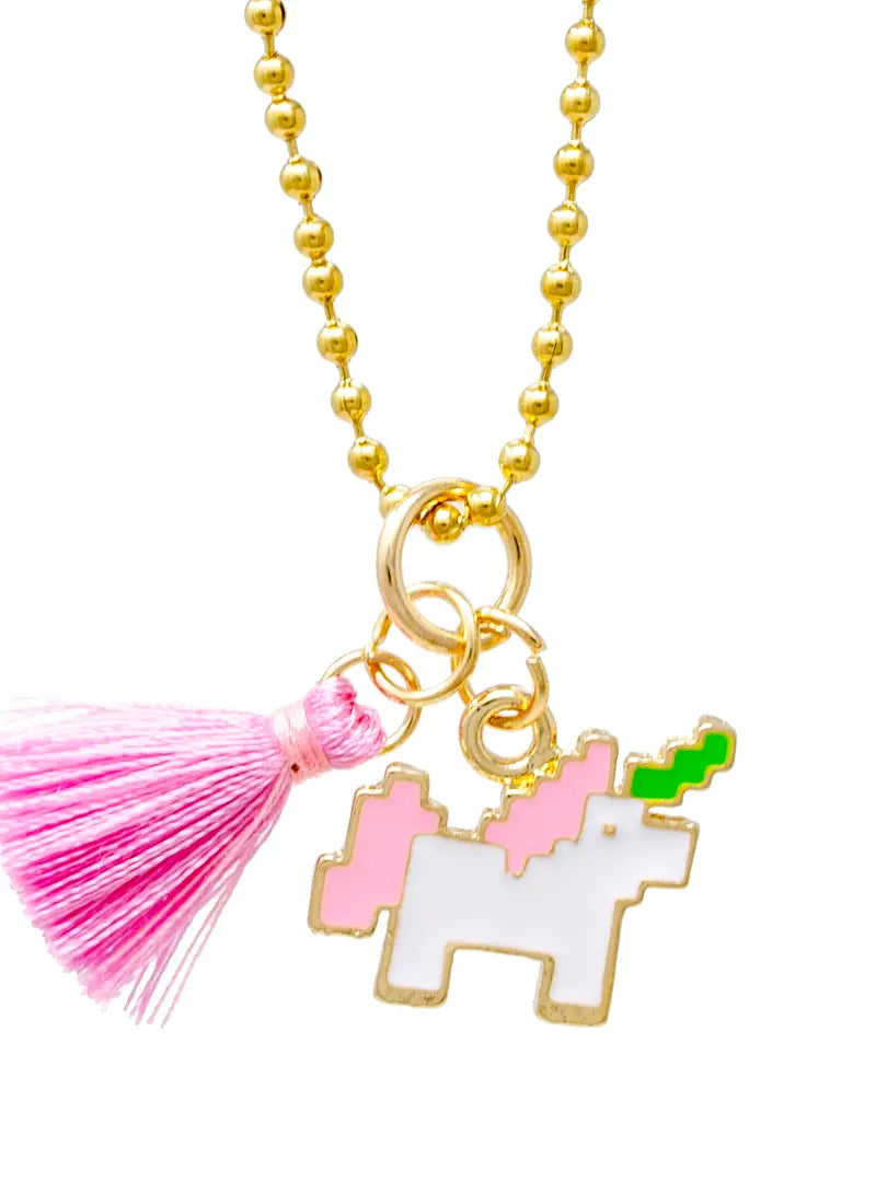 Pixel Unicorn & Tassel Gold Charm Necklace