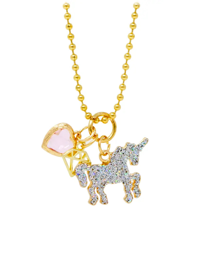 Shiny Unicorn, Heart & Gem Gold Charm Necklace
